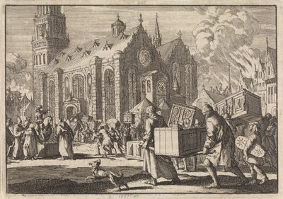 Habitantes de Spires de buena fe llevan sus muebles a la catedral donde posteriormente son quemados por el general francés Monclar, 1689 de Jan Luyken