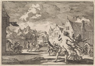 Los habitantes de un pueblo cerca del castillo de Luchow en Lüneburg son alcanzados por un torbellino que hace que las aves caigan muertas del cielo, 1671 de Jan Luyken