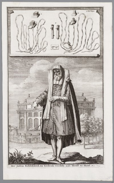 Hombre judío, vestido para la oración. Al fondo la Sinagoga Portuguesa de Ámsterdam de Jan Luyken
