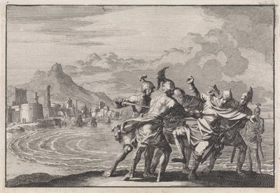 Malichus en la playa asesinado por cuatro guerreros de Jan Luyken