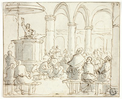Hombre predicando a la congregación de Jan Luyken