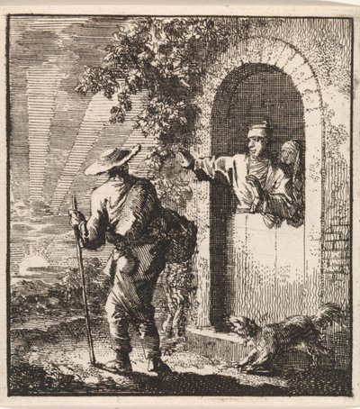 Un hombre en una puerta hace señas a un viajero cansado para que continúe de Jan Luyken