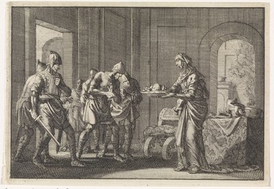 Madre muestra a los guerreros los restos de su hijo comido durante la hambruna en Jerusalén, 1704 de Jan Luyken