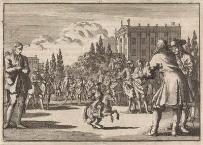 En una plaza de Madrid se ha congregado una multitud en torno a Luisillo, el enano del rey de España, 1675 de Jan Luyken