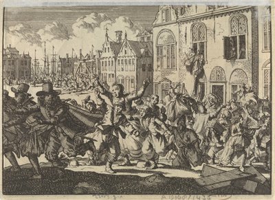 Revuelta en Enkhuizen en la que se destruyen las casas de los vicealmirantes Kwast y Turk, 1635 de Jan Luyken