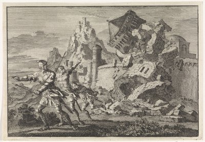 Soldados romanos han destruido una torre en la muralla de Gamala de Jan Luyken