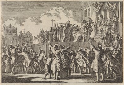 Escena callejera en Aberdeen burlándose de la religión católica, 1689 de Jan Luyken