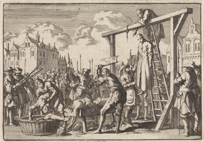 En Londres, el jesuita William Ireland es ahorcado y John Grove es descuartizado por un regicidio intencionado, 1679 de Jan Luyken