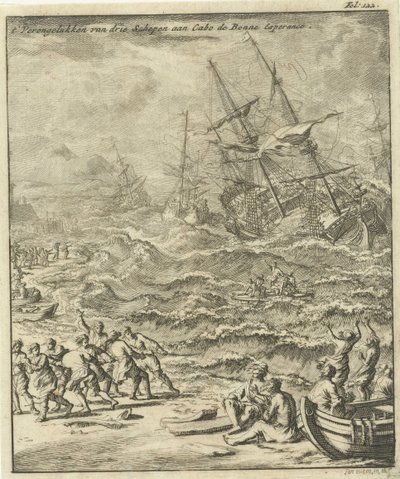 Naufragio en el Cabo de Buena Esperanza, 1693 El choque de tres barcos en Cabo de Bonne Esperance (título sobre el objeto) de Jan Luyken