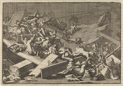 El piso de la iglesia de la casa del Plenipotenciario Imperial Conde von Bercka se derrumba, 1697 de Jan Luyken