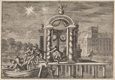 Pirotécnicos huyendo de una gran decoración en Vijverberg en La Haya en honor al nacimiento del hijo del rey Jaime II, 1688 de Jan Luyken
