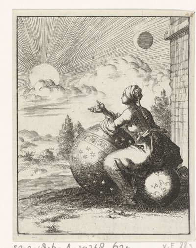Mujer sentada en un globo terráqueo y apoyada en un globo celeste mirando el atardecer de Jan Luyken