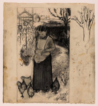 Annie Mankes-Zernike alimentando gallinas, derecha: estudios de un árbol y gallinas de Jan Mankes