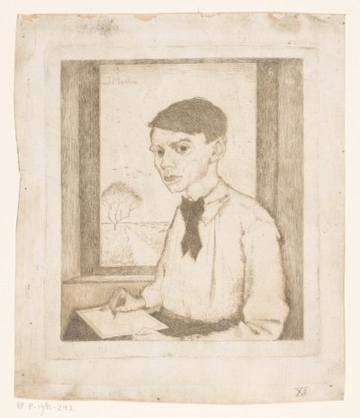 Autorretrato dibujando en una ventana de Jan Mankes