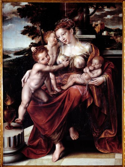Alegoría de la caridad (Mujer alimentando a varios bebés) de Jan Massys or Metsys