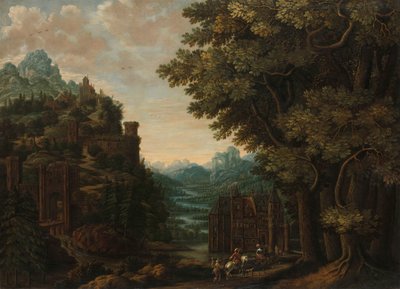 Paisaje montañoso con valle fluvial y castillos de Jan Meerhout