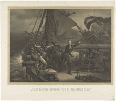 Jan van Speijk a punto de tirar la mecha en la bodega, 1831 Su último pensamiento fue el honor de su bandera (título sobre objeto) de Jan Mesker