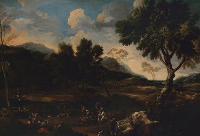 Paisaje con una batalla entre dos carneros de Jan Miel