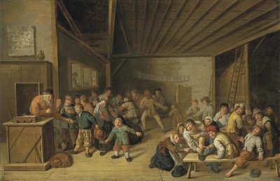 Interior de una escuela, con un profesor en un estrado y alumnos divirtiéndose. de Jan Miense Molenaer