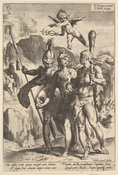 Hércules siendo mostrado el camino montañoso al Templo de la Fama Inmortal en la Compañía de Jan Muller