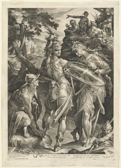 Minerva y Mercurio armando a Perseo de Jan Muller, after Bartholomaeus Spranger