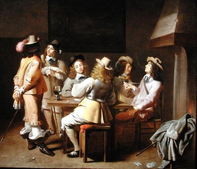 Una sala de guardia con soldados jugando a las cartas y fumando en una mesa de Jan Olis