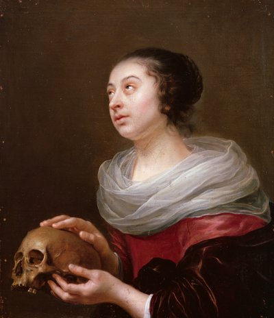 Una joven sosteniendo un cráneo, 1640s de Jan Olis