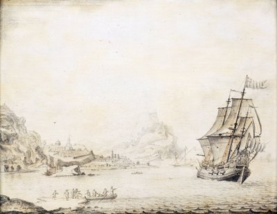 Un barco británico frente a las costas de Satalia (Turquía), en 1677, rodeado de una costa rocosa, con antiguas murallas y minaretes. Óleo sobre madera de Jan Peeters