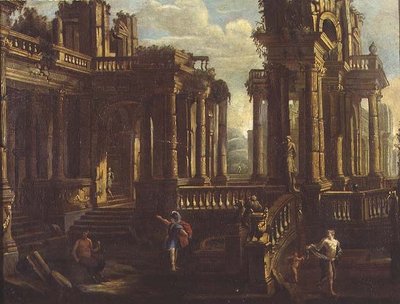 Un capricho de ruinas clásicas con un guerrero, un sátiro y Cupido persiguiendo a una ninfa de Jan Peeters