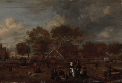 Granja con el caballero granjero y su esposa y el pintor en primer plano de Jan Pietersz Opperdoes