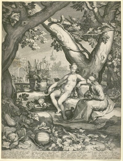 Vertumno toma prestada la figura de una anciana para ganarse el amor de Pomona de Jan Pietersz. Saenredam