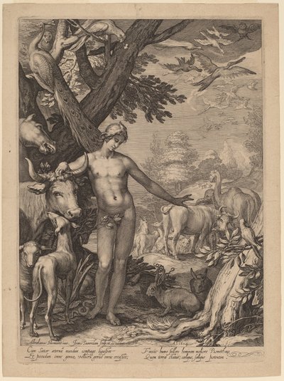 Adán nombrando a los animales de Jan Pietersz Saenredam after Abraham Bloemaert