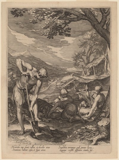 Adán y Eva trabajando de Jan Pietersz Saenredam after Abraham Bloemaert