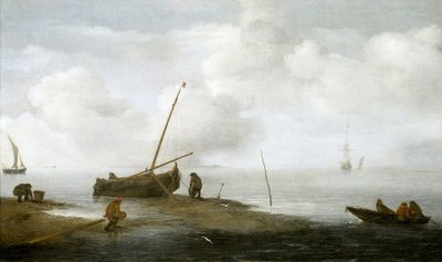 Pesca de mejillones, un barco pesquero en la orilla y tres hombres atareados recogiendo mejillones en sus cestas. Óleo sobre lienzo de 1622, de Jan Porcellis (1580-1632). de Jan Porcellis