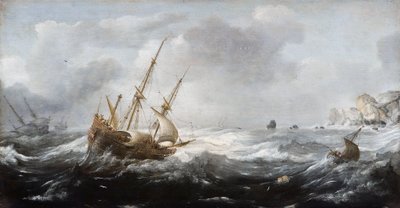 Barcos en una tormenta en una costa rocosa de Jan Porcellis