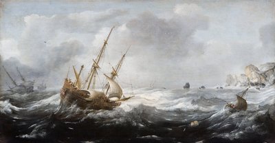 Barcos en una tormenta en una costa rocosa de Jan Porcellis