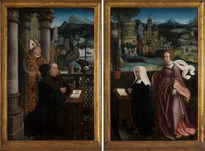 Donante con San Nicolás y esposa del donante con Santa Godeliva, c.1515-21 (óleo sobre tabla) de Jan Provoost