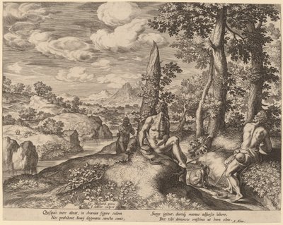Paisaje con tres hombres desnudos y un perro de Jan Sadeler I after Gillis Mostaert