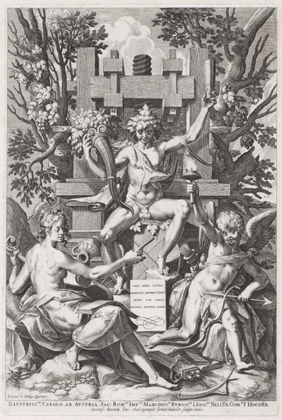 Baco Sentado en un Barril entre Amor y Música de Jan Sadeler I, after Joos van Winghe