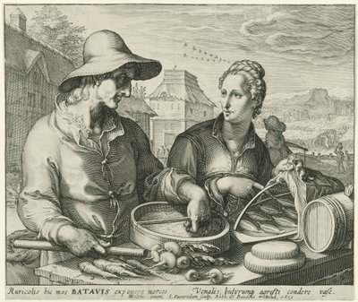 Agricultor y esposa de un agricultor en un puesto de mercado de Jan Saenredam
