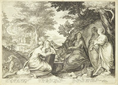 Las vírgenes prudentes reunidas en un paisaje, en el fondo Juan el Bautista predicando de Jan Saenredam