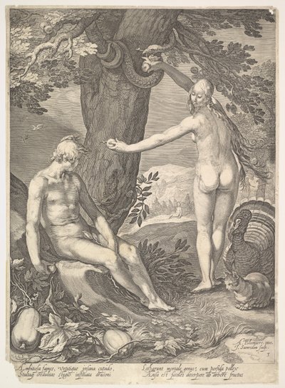 Eva Dando a Adán el Fruto Prohibido, de La Historia de Adán y Eva de Jan Saenredam