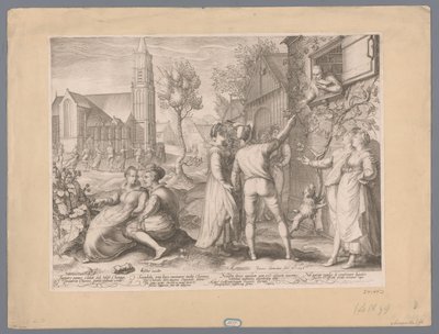 Parejas jóvenes divirtiéndose y bailando, 1596
Ingentes panas stolich sub Mose Choragi Promeriti Choreis, pana dolenda venit (...) (título en el objeto) de Jan Saenredam