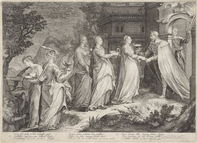 Recibimiento de las vírgenes sabias por parte del novio Parábola de las vírgenes sabias y necias (título de la serie) de Jan Saenredam