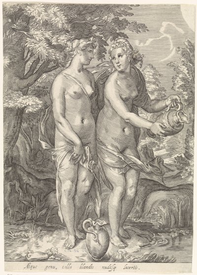 Dos de las ninfas de Diana junto a un arroyo Diana y sus ninfas (título de la serie) de Jan Saenredam