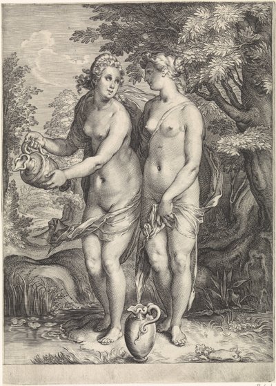 Dos de las ninfas de Diana junto a un arroyo Diana y sus ninfas (título de la serie) de Jan Saenredam