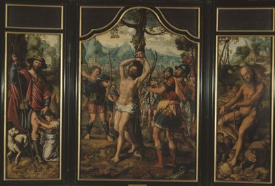 Tríptico del Martirio de San Sebastián (panel central): San Roque (panel izquierdo), San Onufre (panel derecho), San Pedro (reverso del panel derecho), San Esteban (reverso del panel izquierdo), entre 1525 y 1566 (óleo) de Jan Sanders van Hemessen