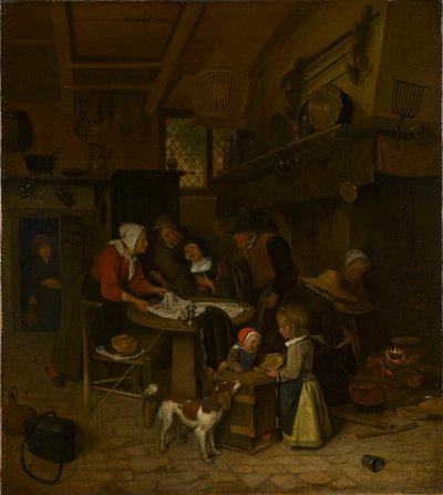 Escena en una cocina campesina con una sirvienta tendiendo la ropa de Jan Steen