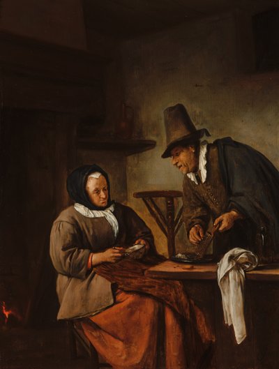 Una pareja de ancianos preparando una bebida caliente de Jan Steen
