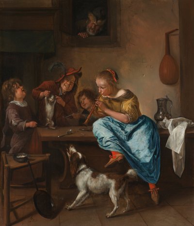 Niños enseñando a bailar a un gato, conocida como "La lección de baile de Jan Steen